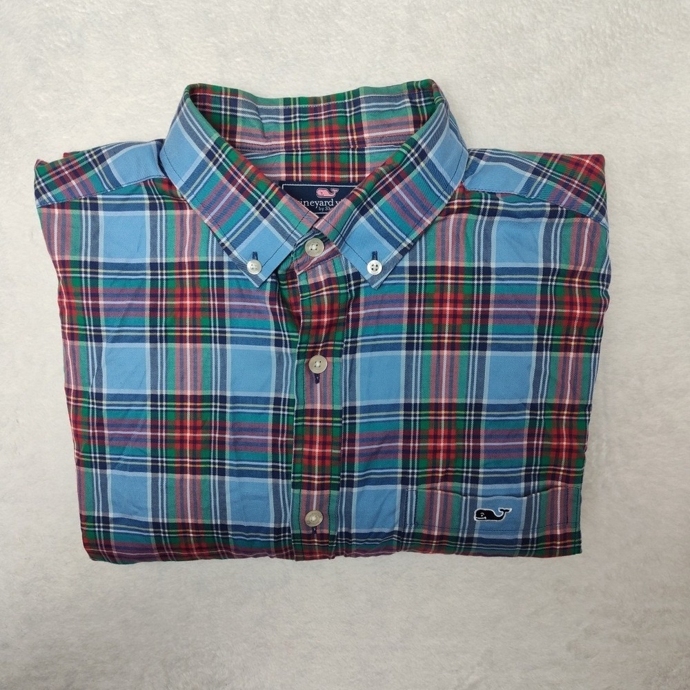 Vineyard Vines Shirt Mens Large Blue Plaid Tucker Button-Up Long Sleeve Work